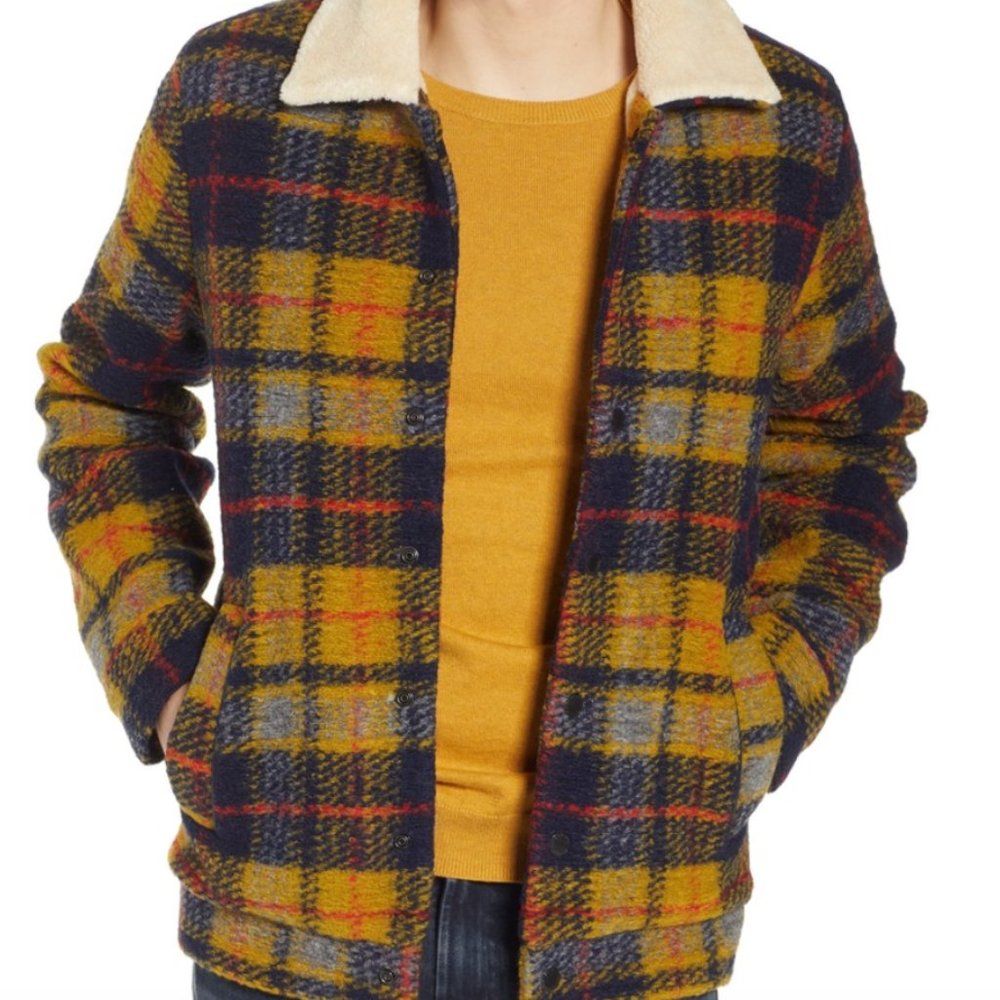 Scotch & Soda Mens Shearling Trimmed Plaid Trucker Jacket
